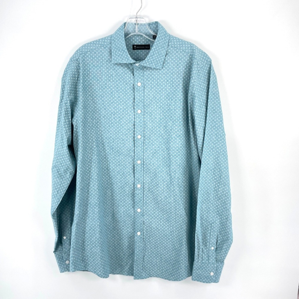 American Tall Linen Blend Button Down Shirt Men's L Blue White Geometric Dotted